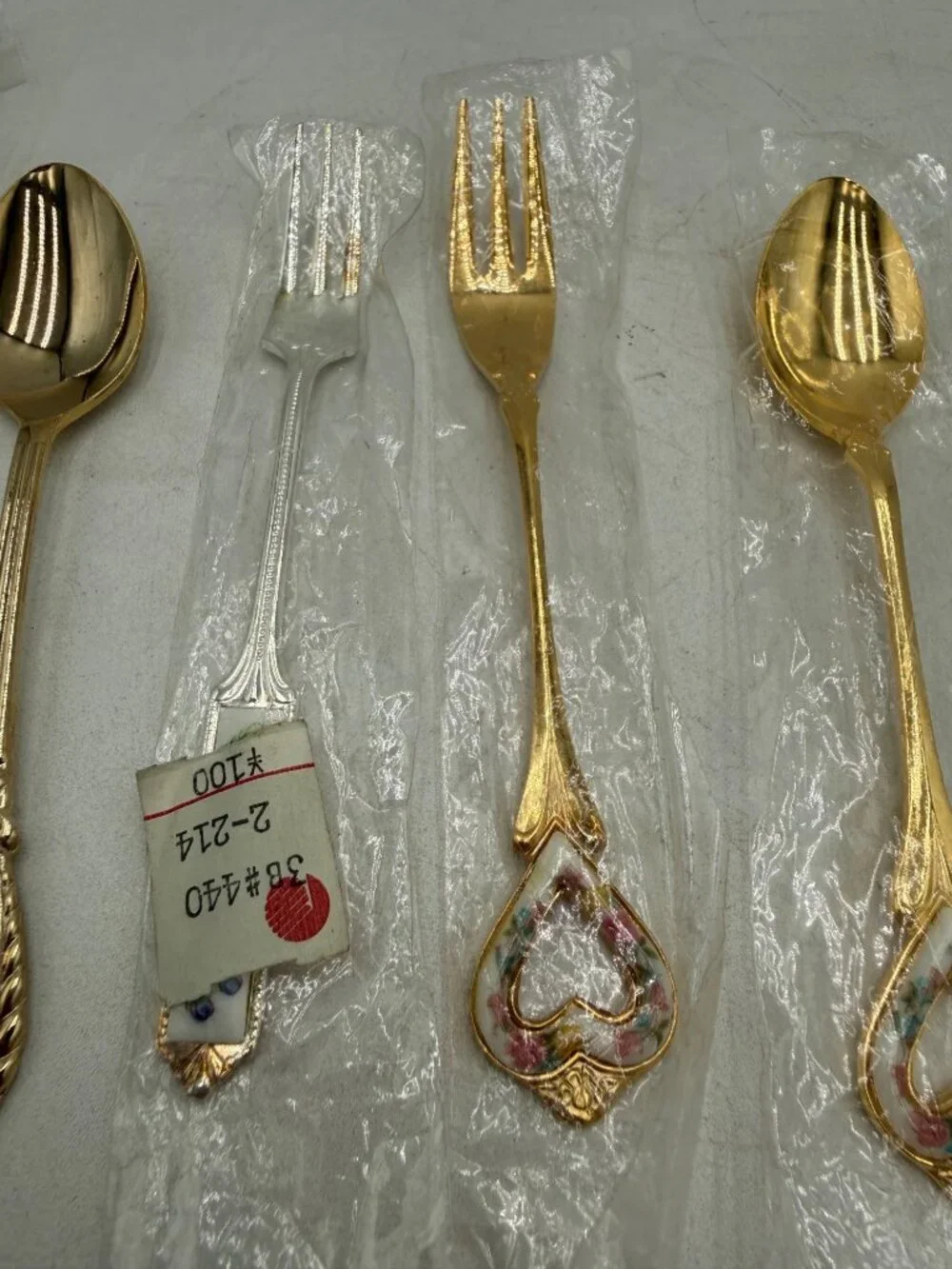 Vintage Gold Silver Mini Forks Spoons Floral Porcelain Handles Set 6